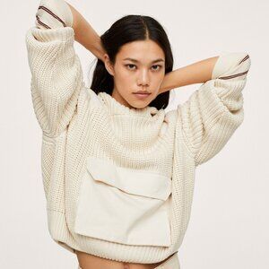COMFY Mango Oversized XS S Ribbed Knit Pocket Hooded Pullover Sweater Ecru Cream